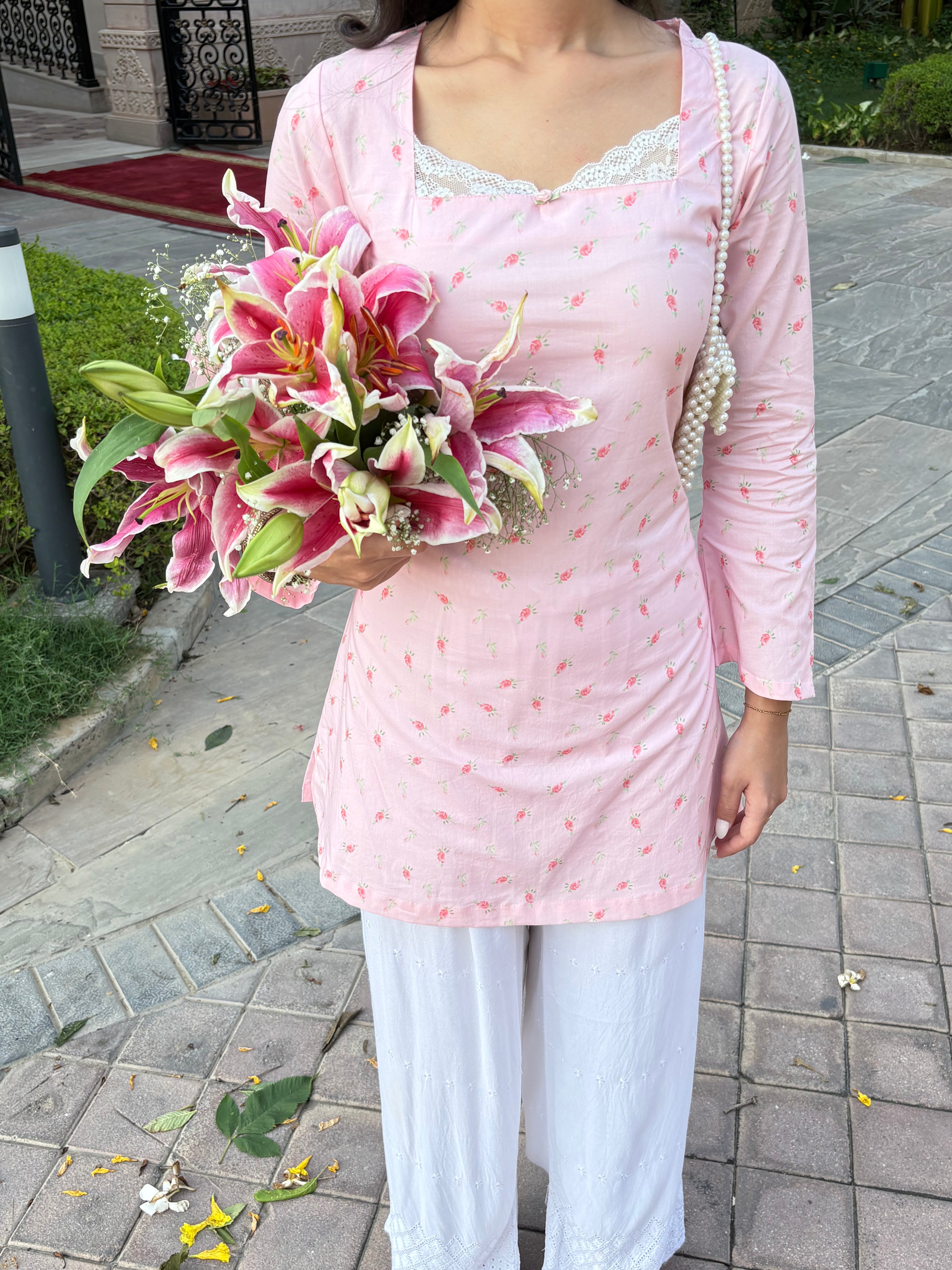 Pari Cotton Lace Kurti in Pink