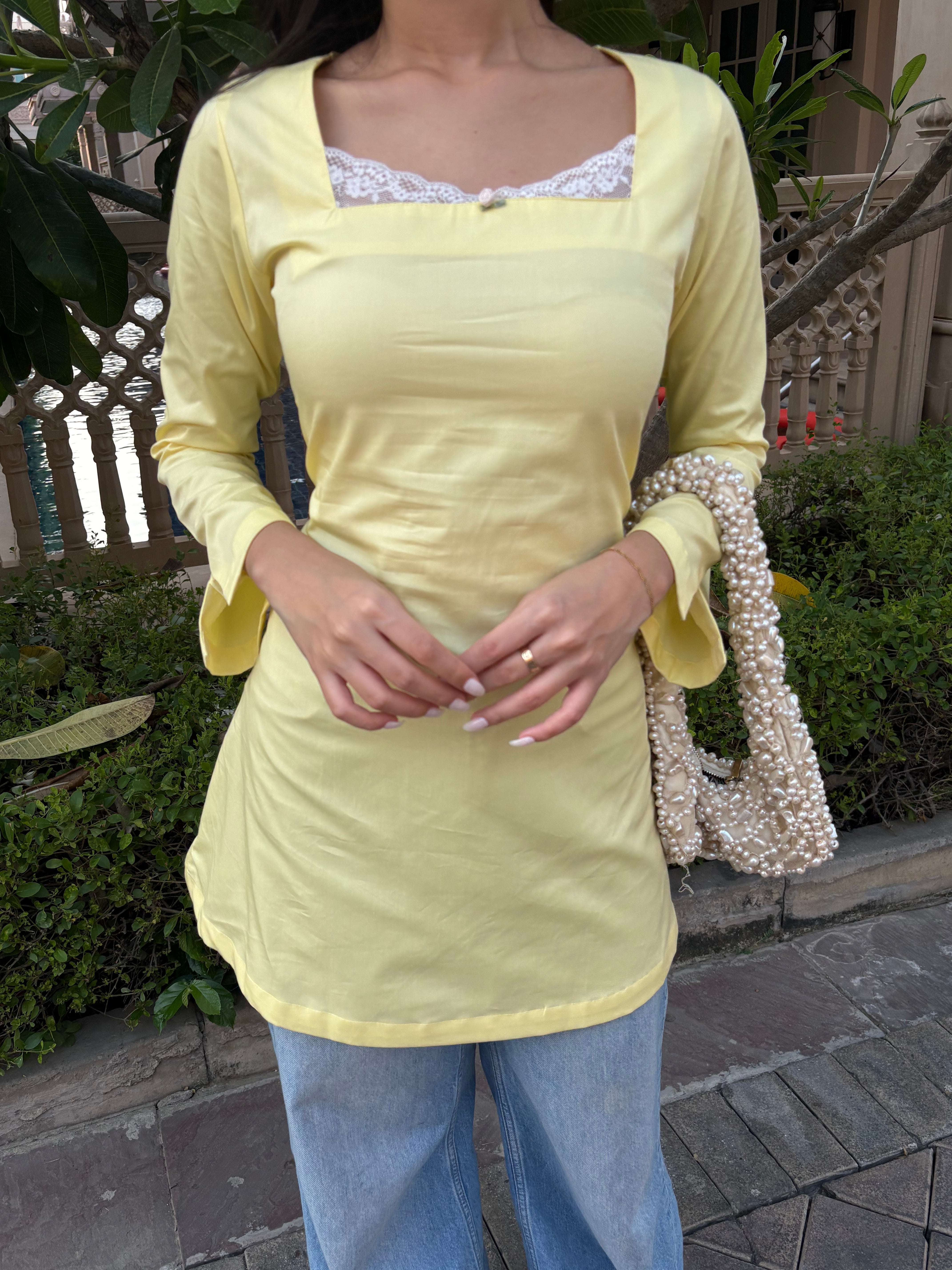 Pari Cotton Lace Kurti in Butter Yellow