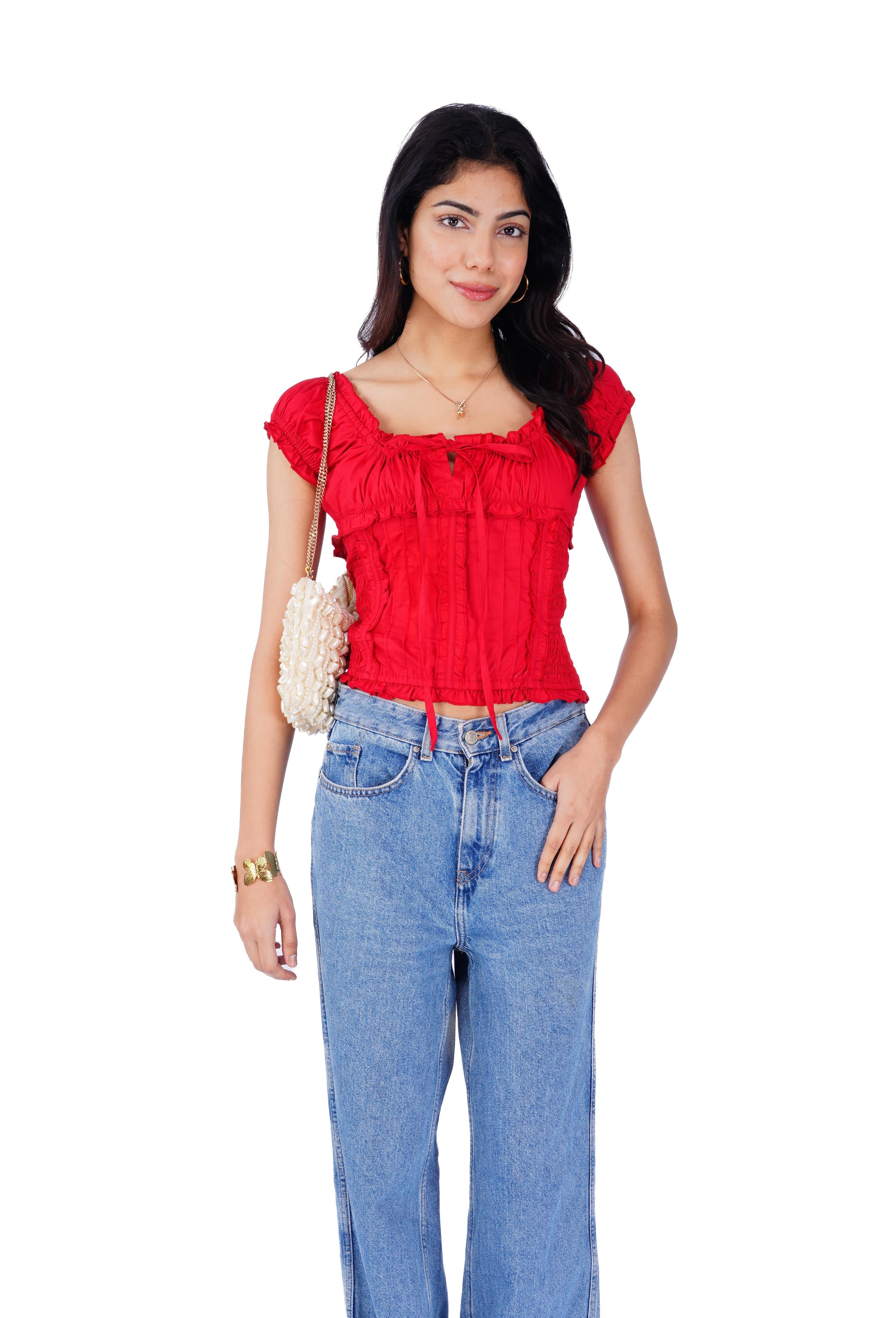 Daisy Square Neck Top in Red