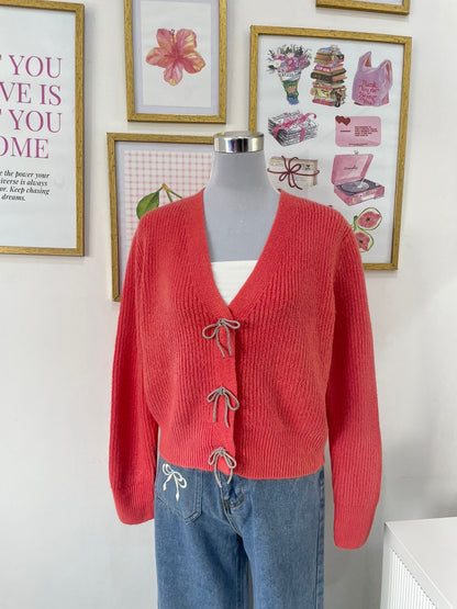 Zoe Bow Cardigan in Coral (S-2XL)