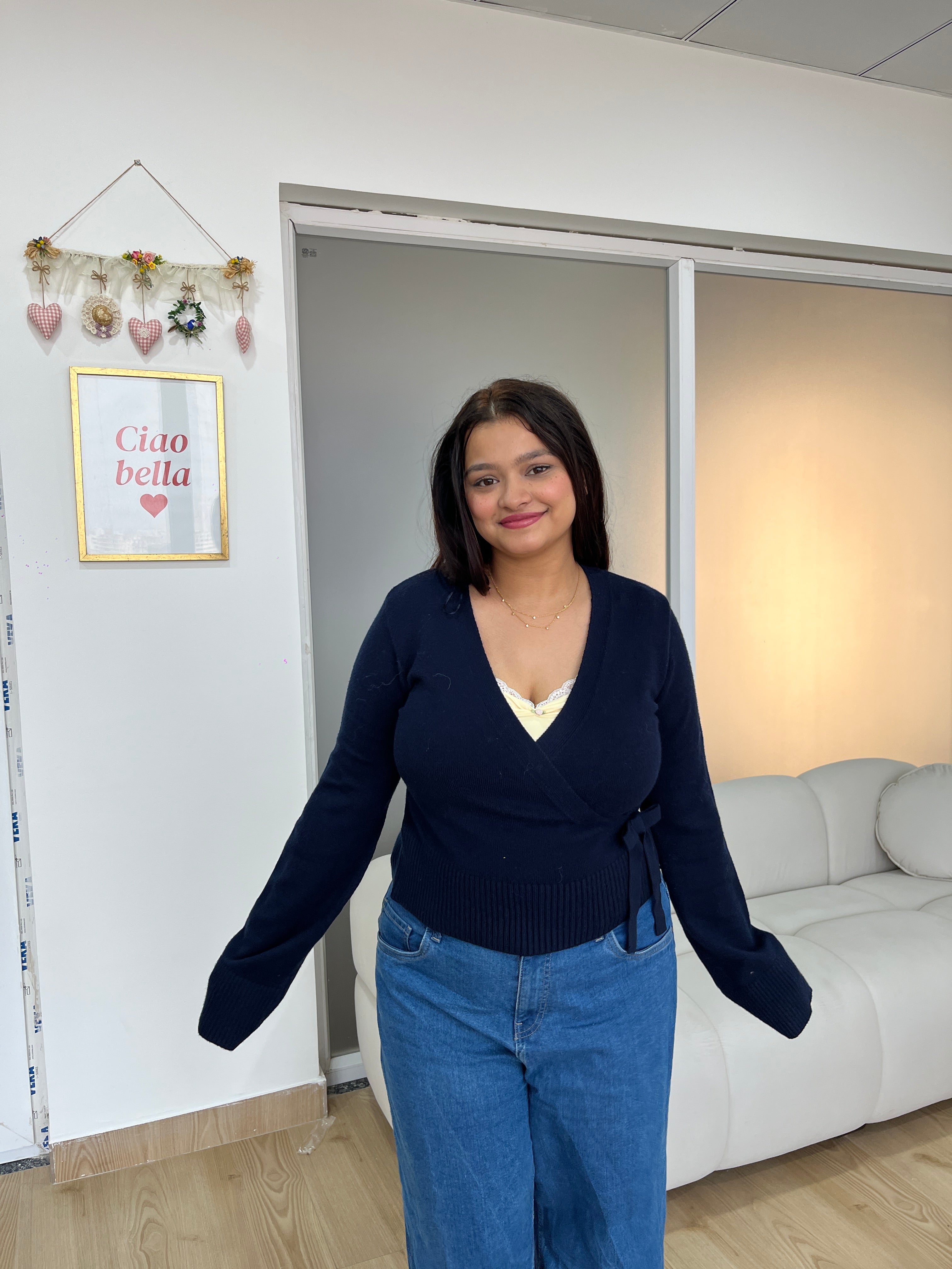 Cropped Wrap Pullover in Navy