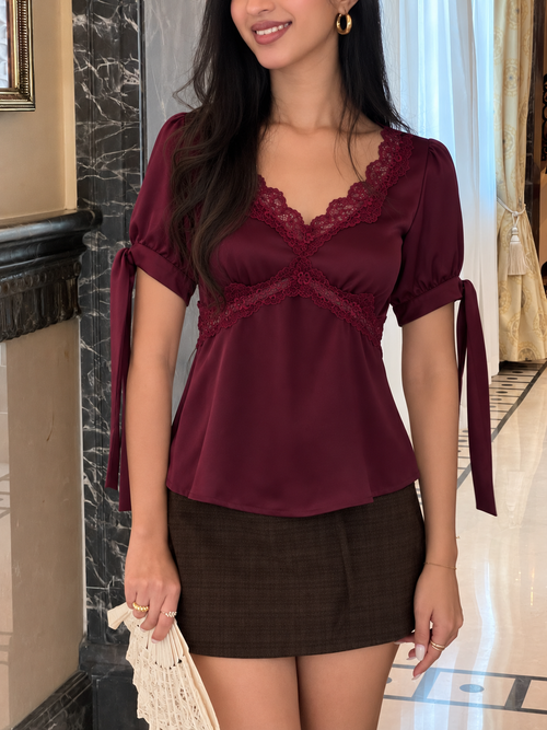 Lucine Satin Top in Burgundy - ANNIVERSARY SPECIAL