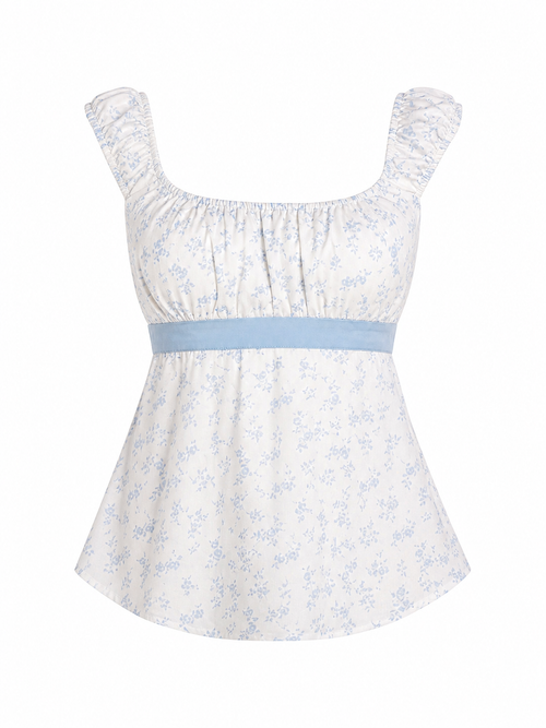 Babydoll Ribbon Top in Blue Floral