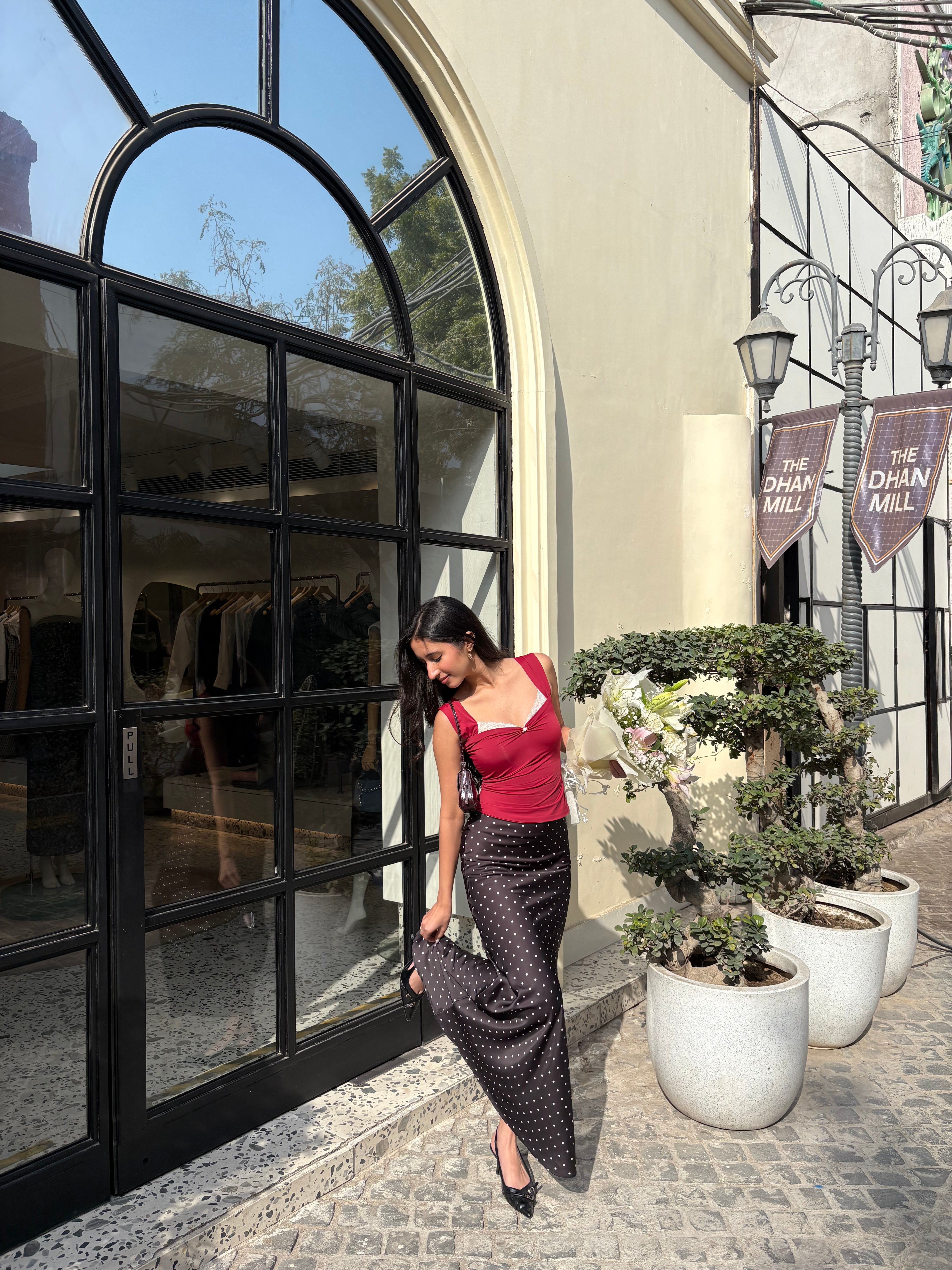 Celine Polka Dot Satin Skirt in Black