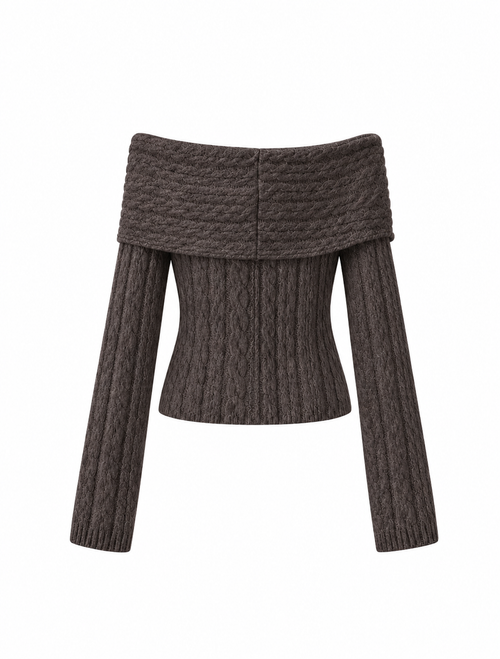 Fuzzy Cable-Knit Boat Neck Chunky Knit in Ashy Grey