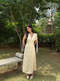 Lucine Satin Dress in Yellow Floral - SAMPLE