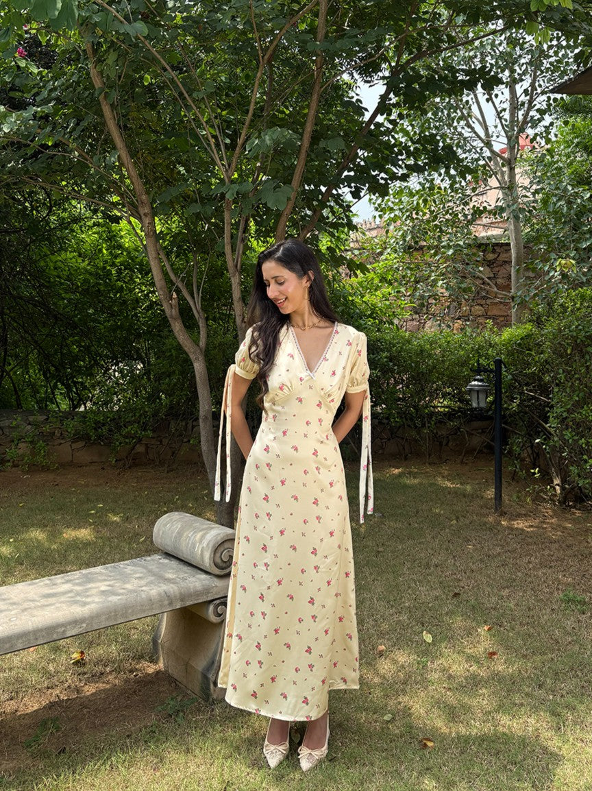 Lucine Satin Dress in Yellow Floral - SAMPLE