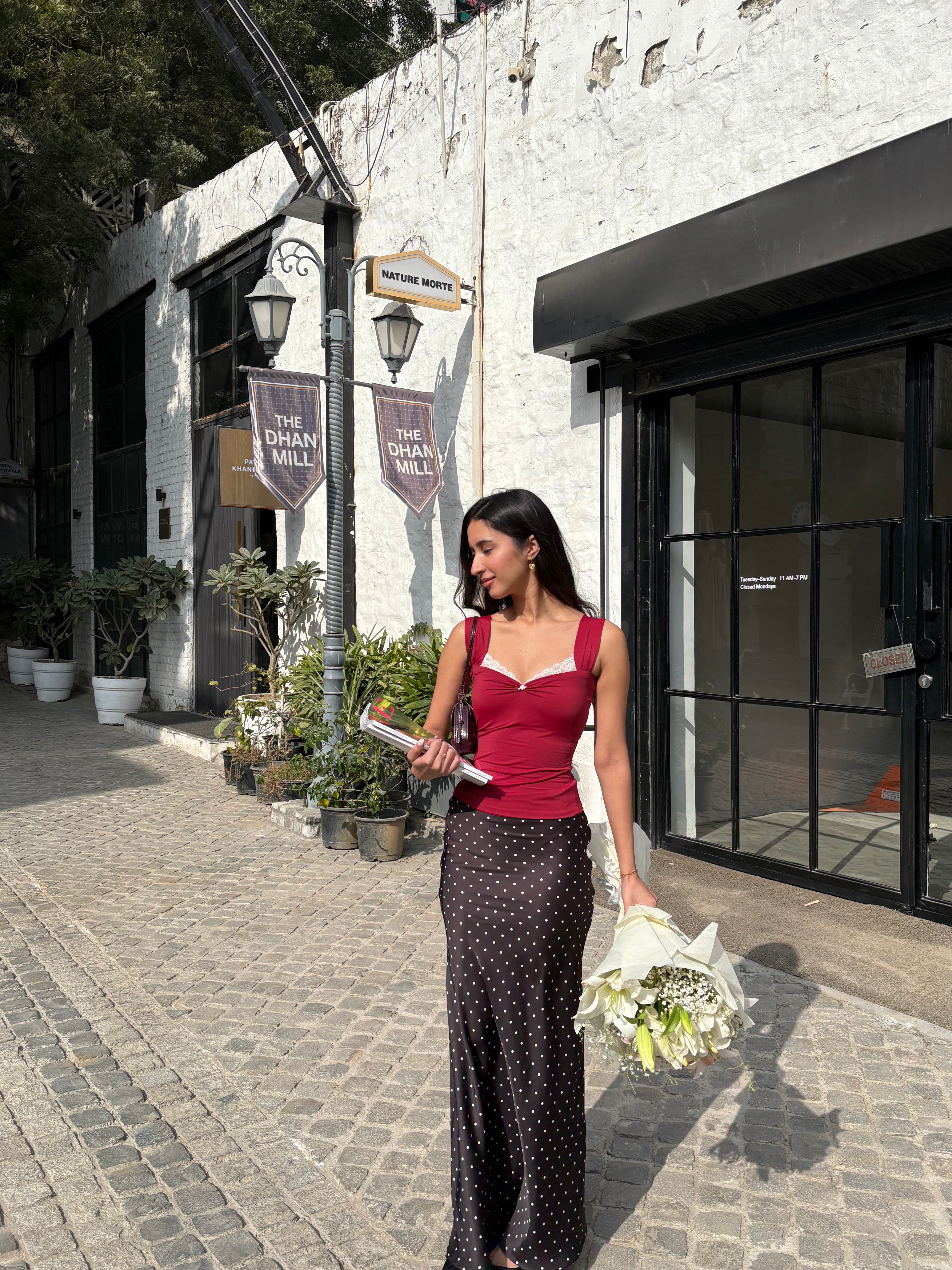 Celine Polka Dot Satin Skirt in Black