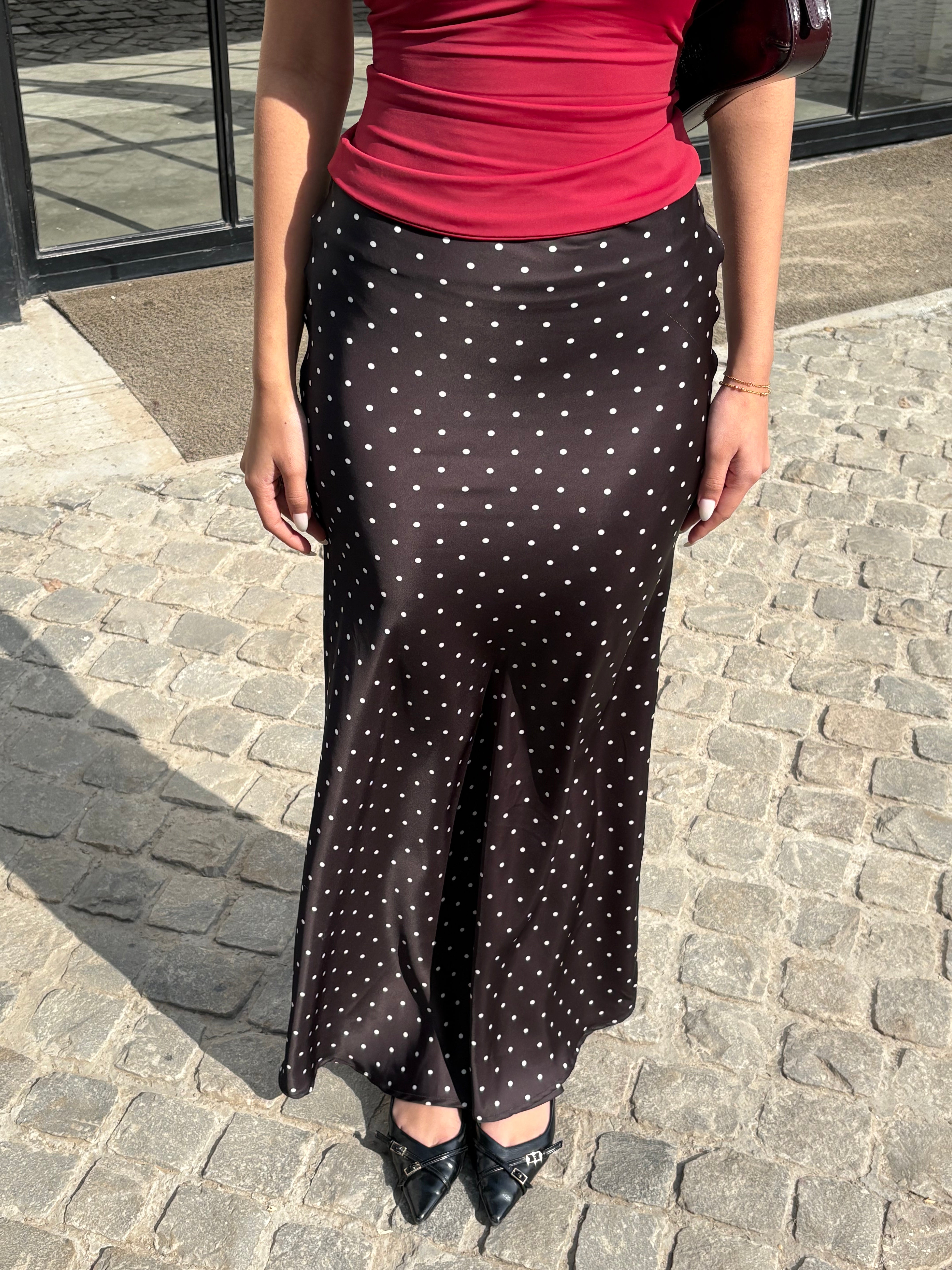 Celine Polka Dot Satin Skirt in Black