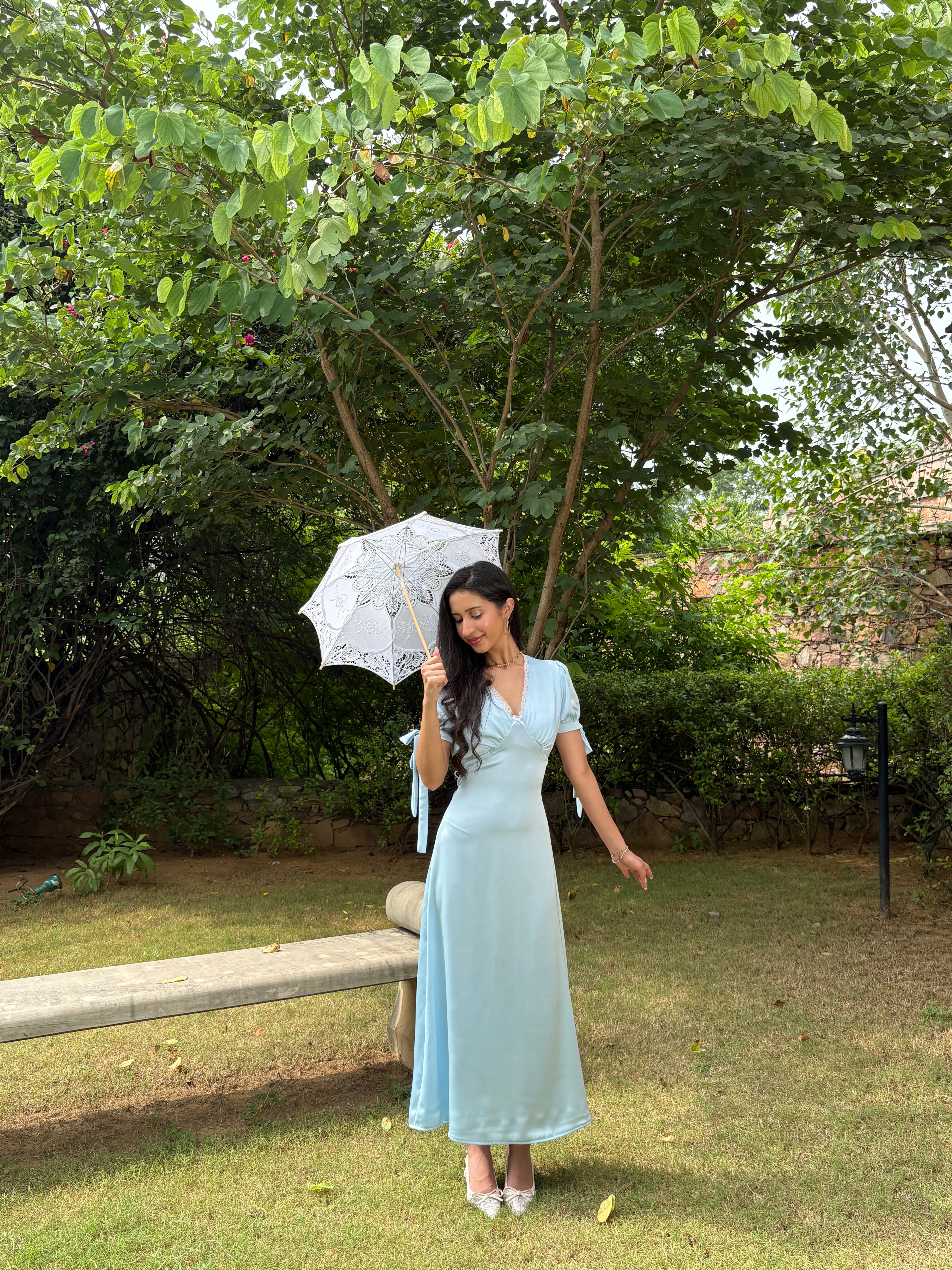Lucine Satin Dress in Baby Blue