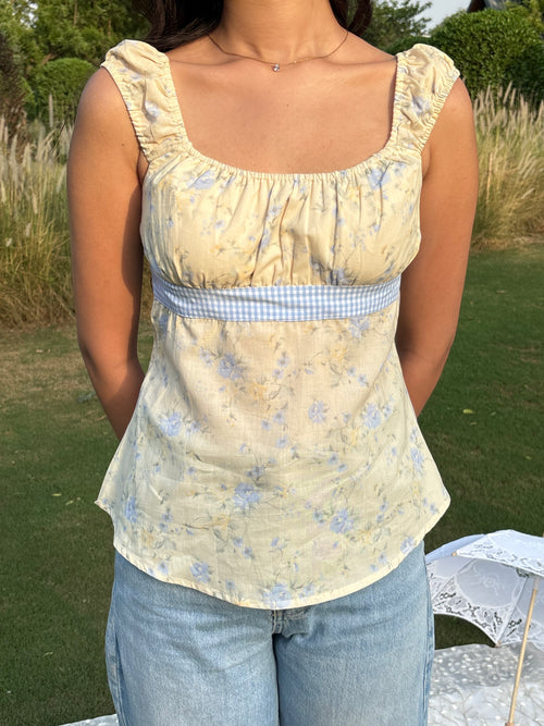 Babydoll Ribbon Top in Yellow Floral