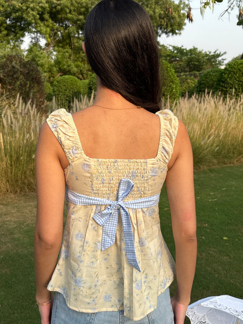 Babydoll Ribbon Top in Yellow Floral