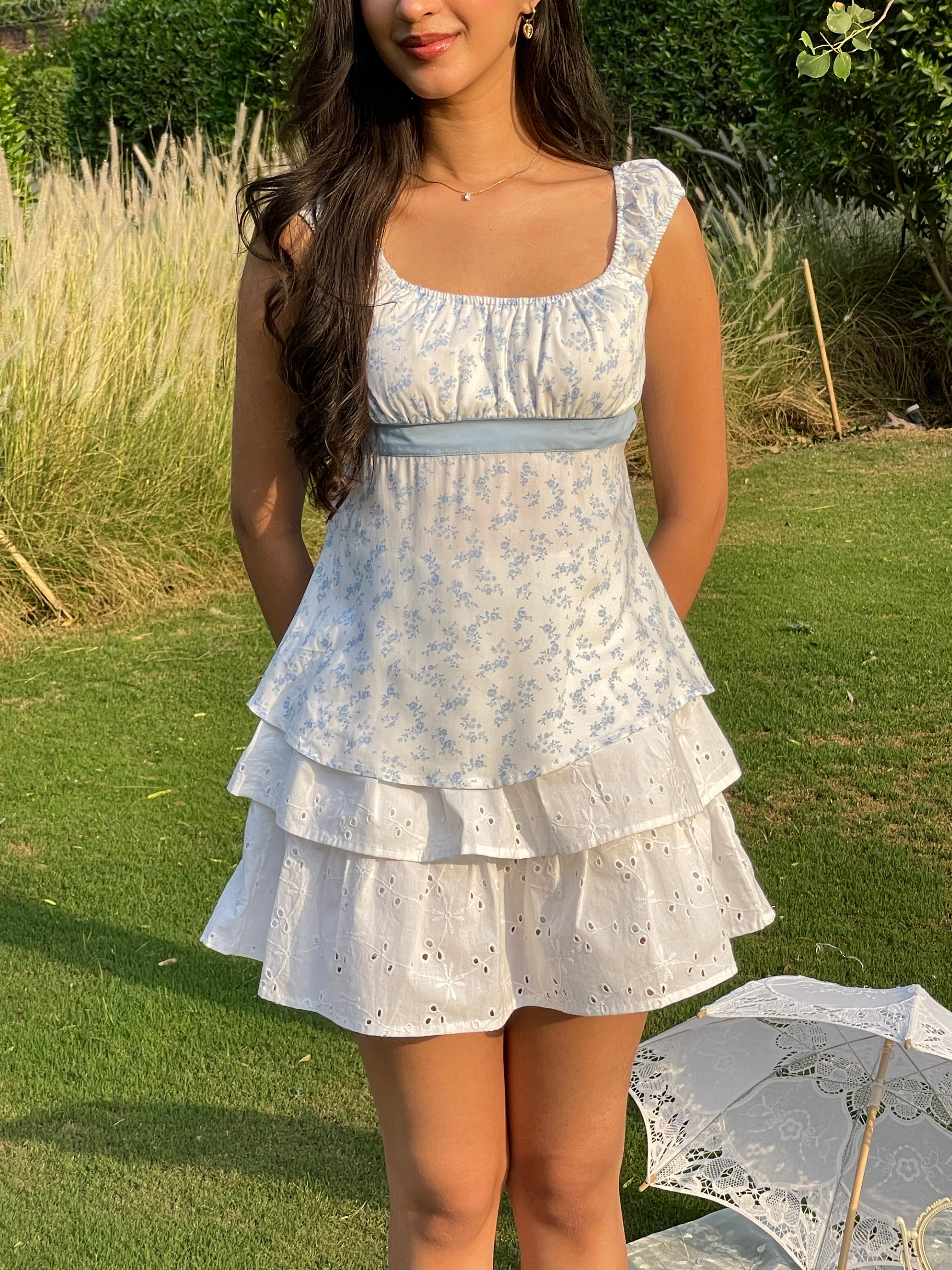 Babydoll Ribbon Top in Blue Floral