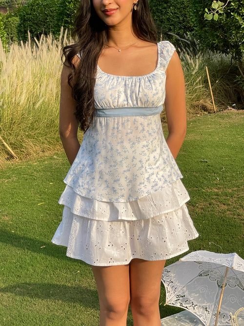 Babydoll Ribbon Top in Blue Floral