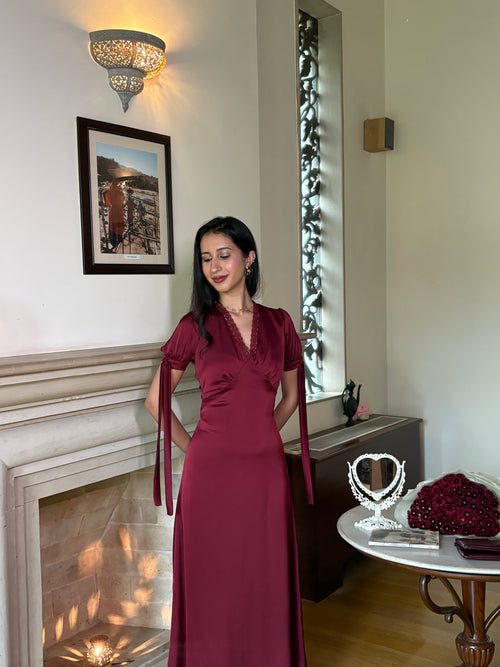 Lucine Satin Dress in Burgundy