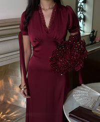 Lucine Satin Dress in Burgundy