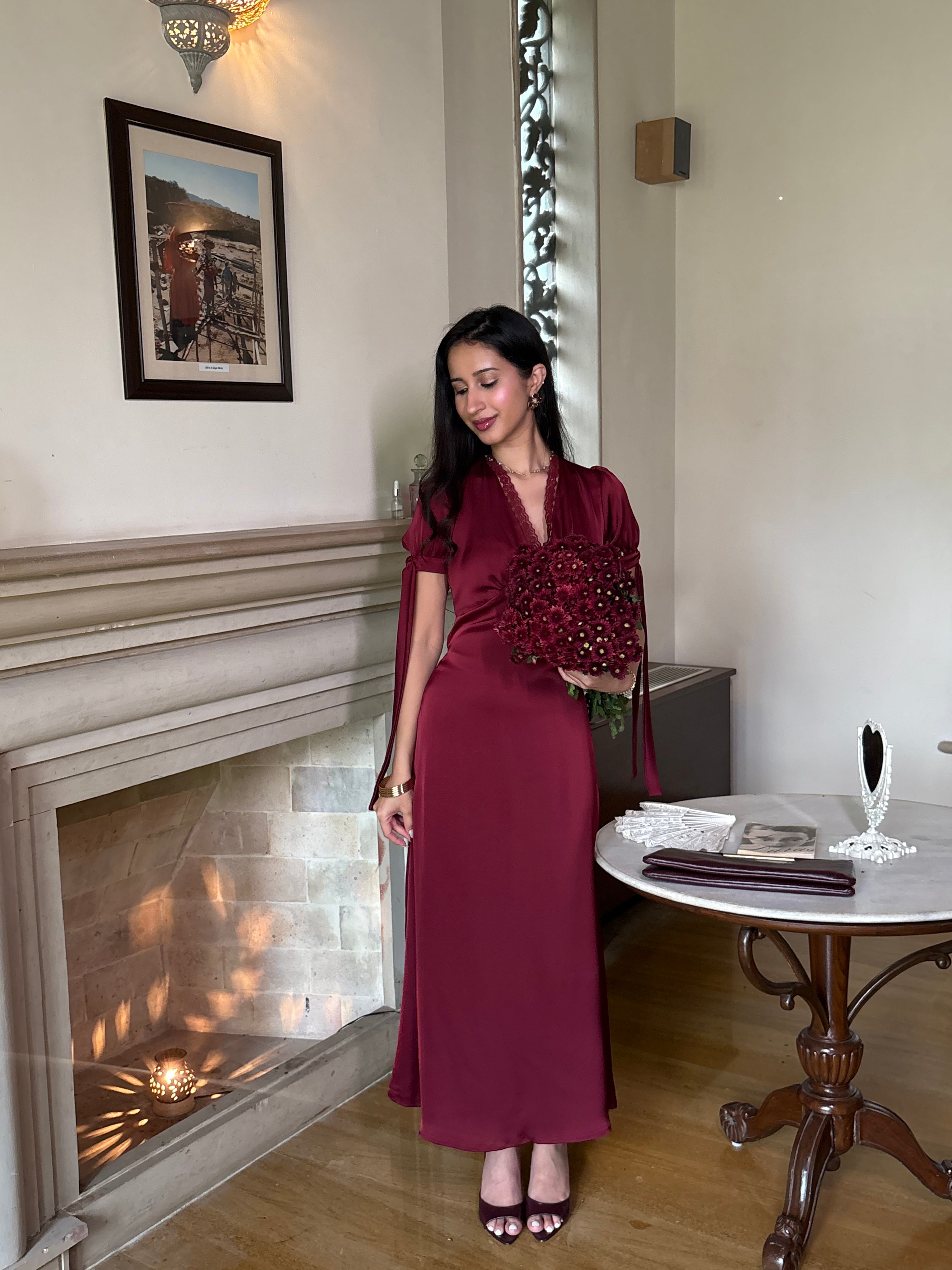 Lucine Satin Dress in Burgundy
