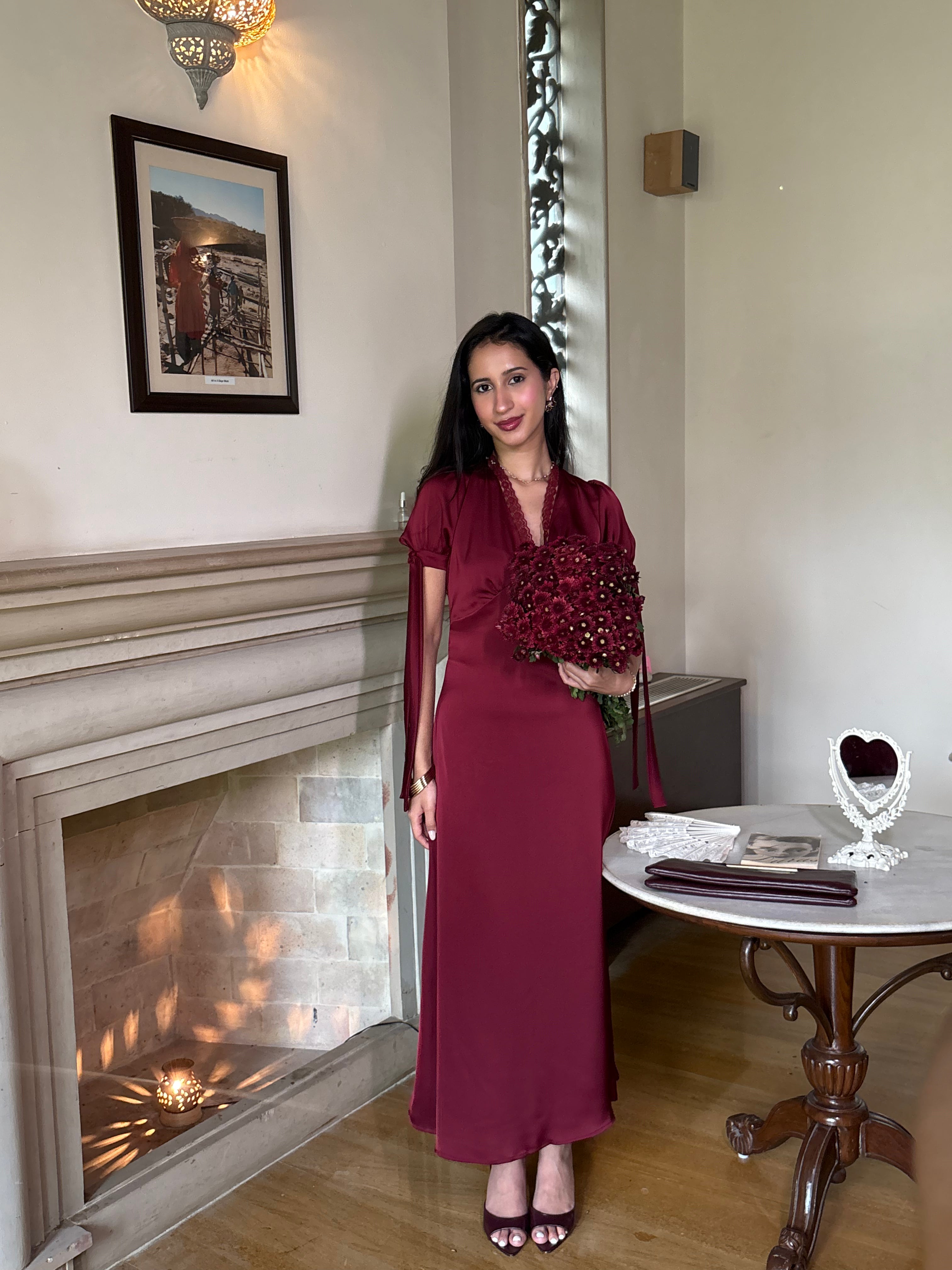 Lucine Satin Dress in Burgundy