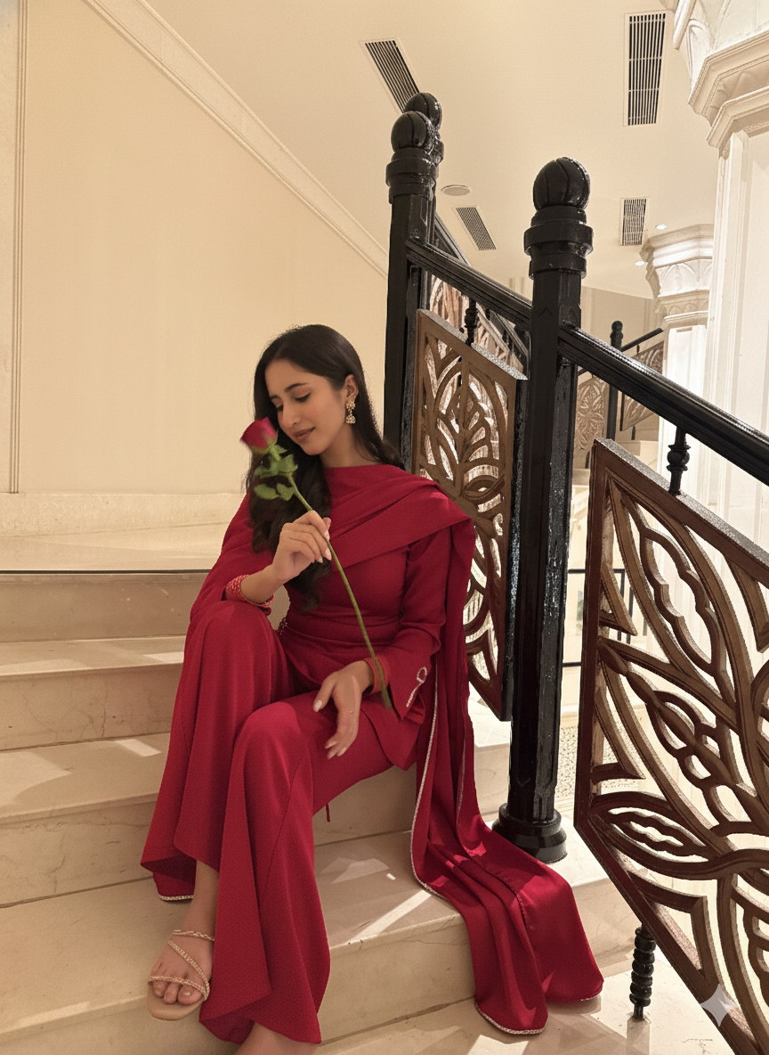 Noor Suit Set in Crimson