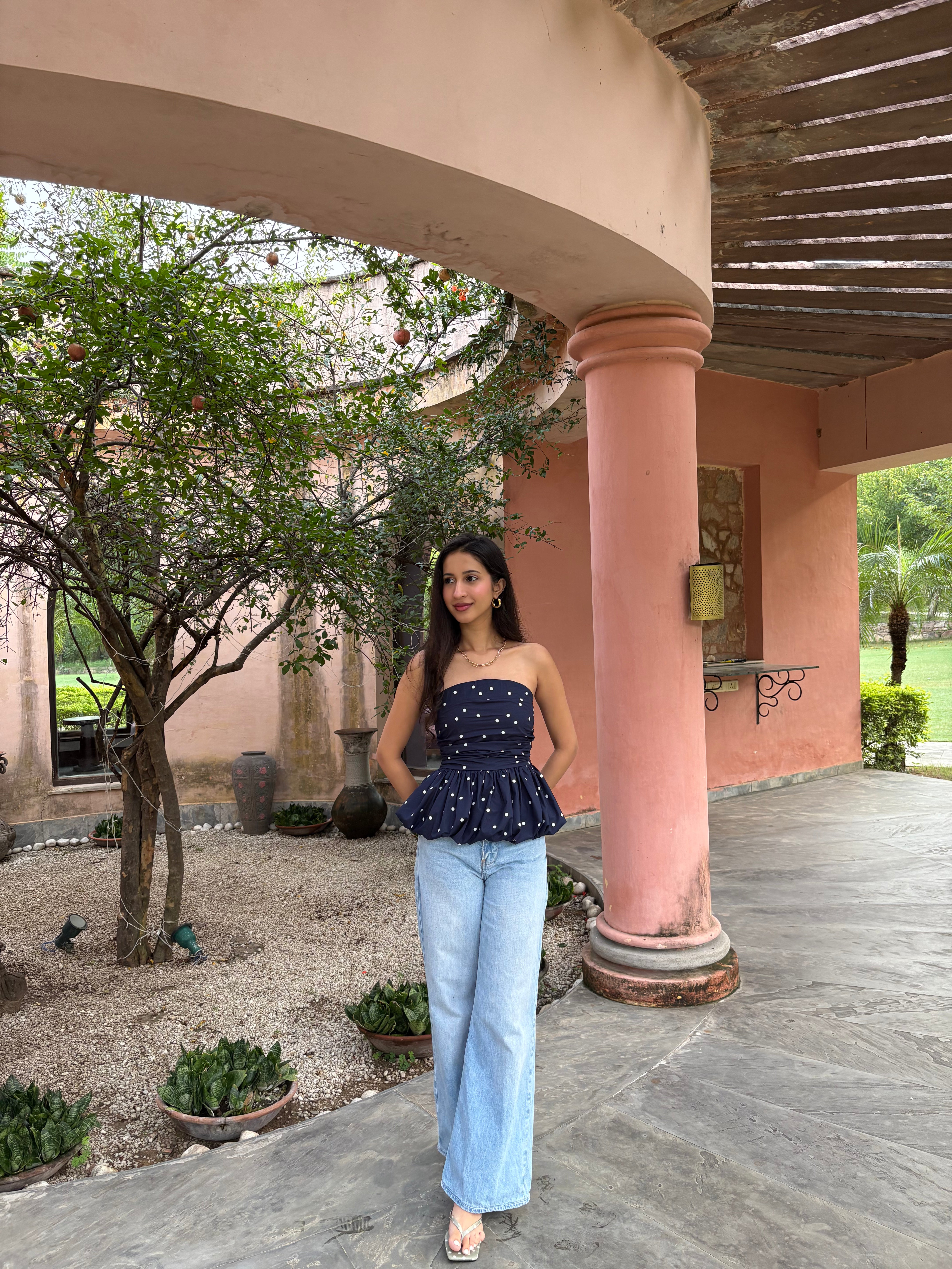 Bubble Top in Navy Polka Dot