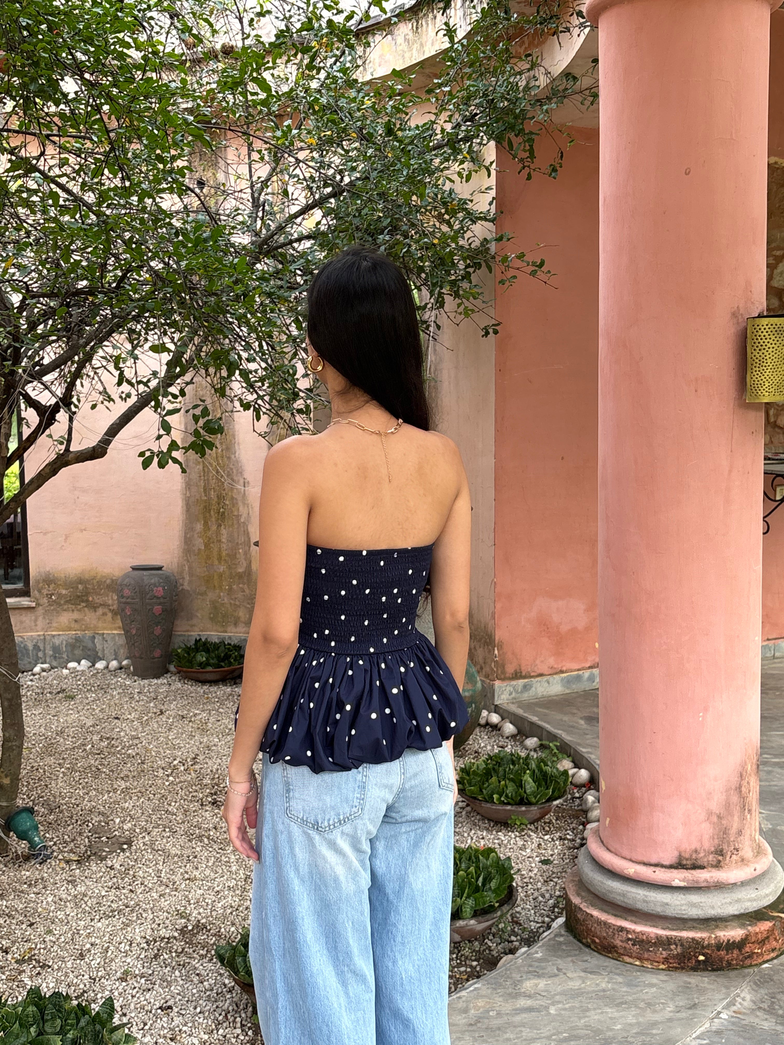 Bubble Top in Navy Polka Dot