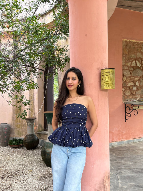 Bubble Top in Navy Polka Dot