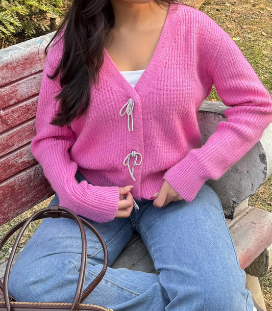 Zoe Bow Cardigan in Pink (XS-2XL)