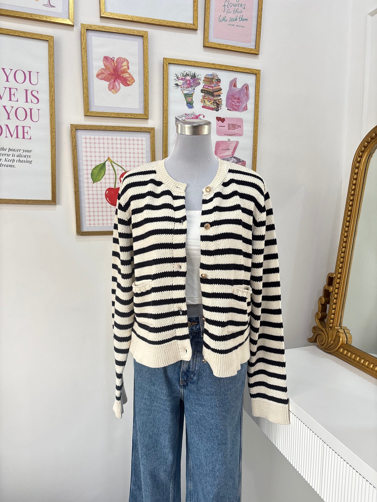 Elegant Striped Cardigan with Gold Buttons (S-L)