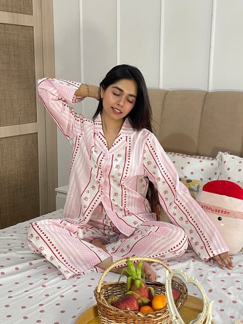 Amour Night Suit Set in Pink Hearts