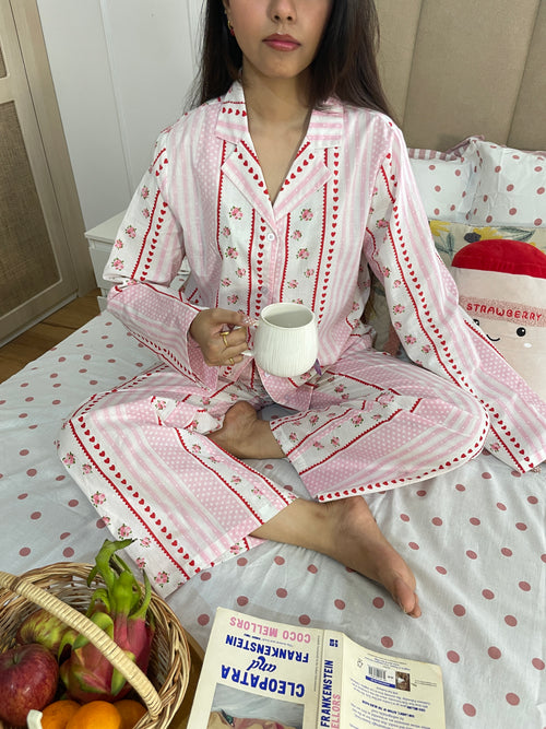Amour Night Suit Set in Pink Hearts