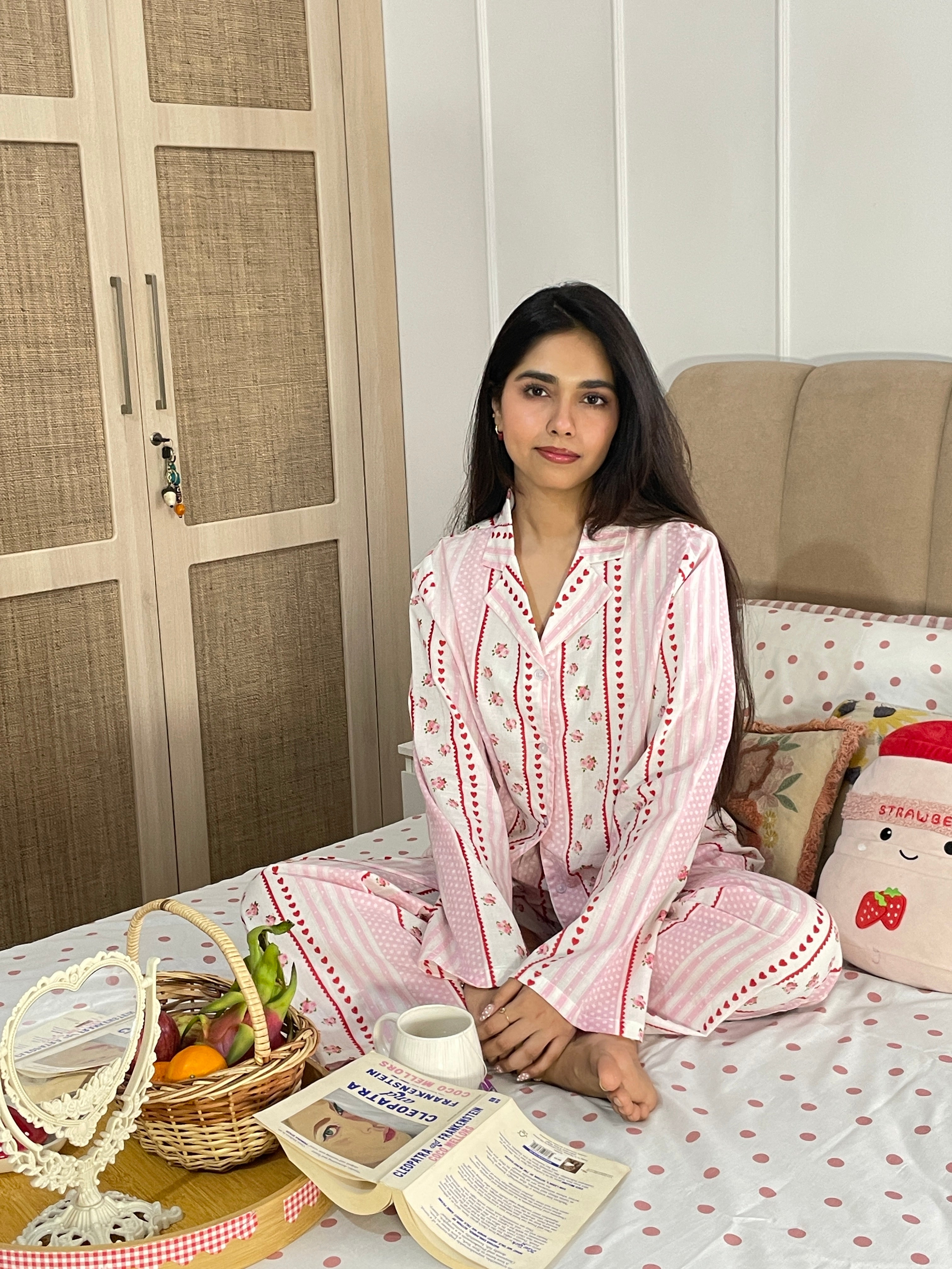 Amour Night Suit Set in Pink Hearts