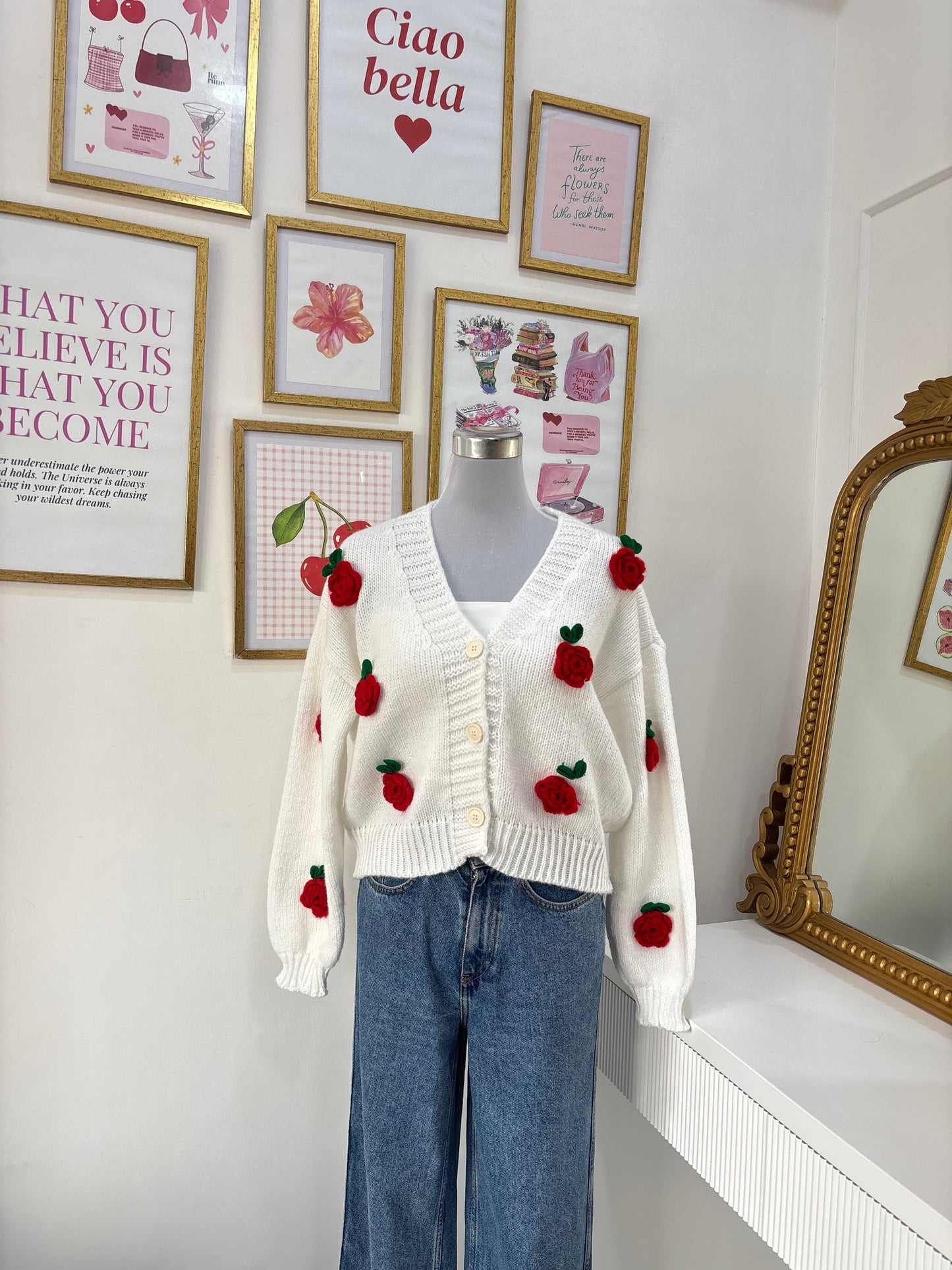 Rose Applique Cardigan in Red Rose (Free Size)