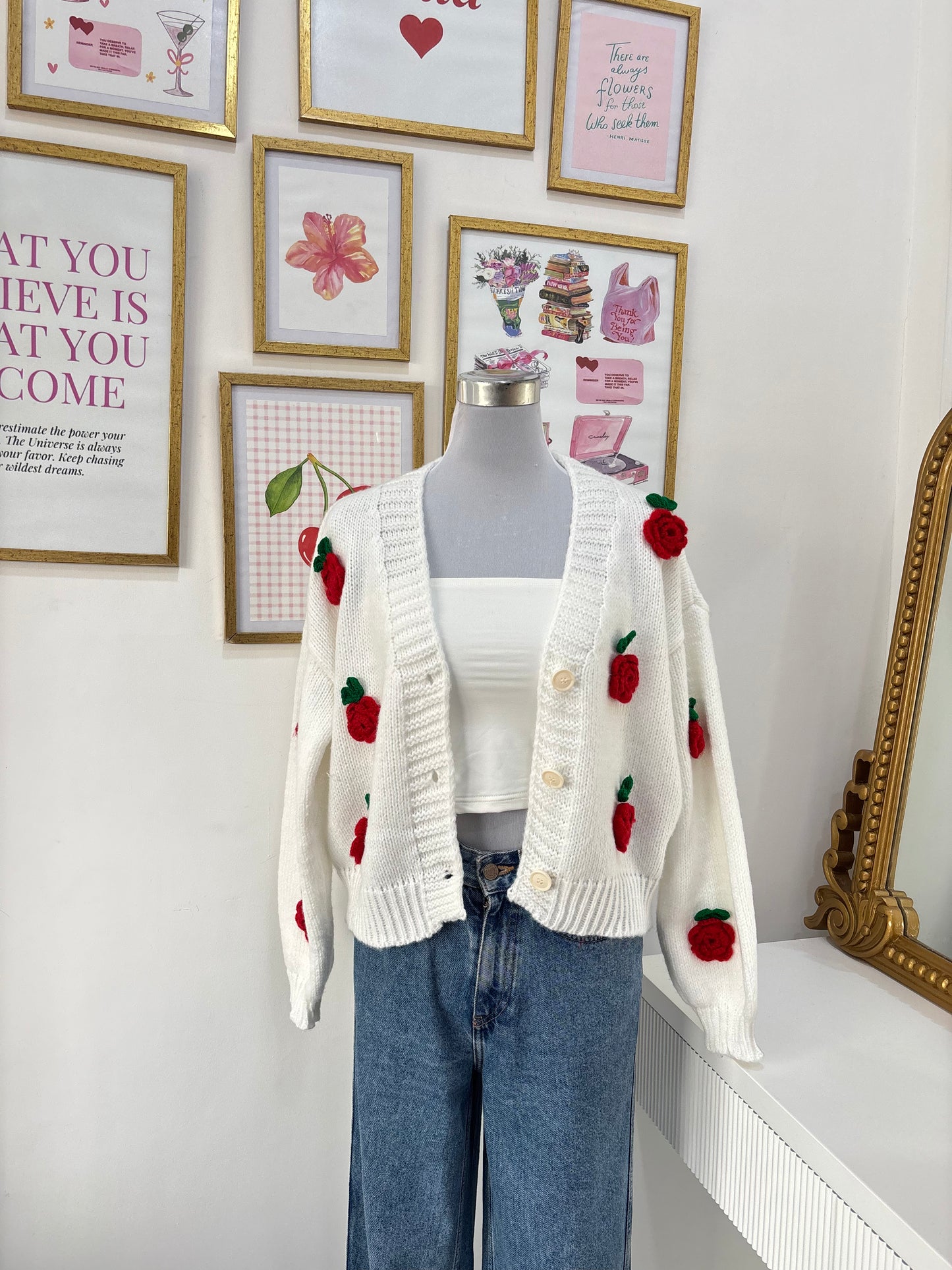 Rose Applique Cardigan in Red Rose (Free Size)