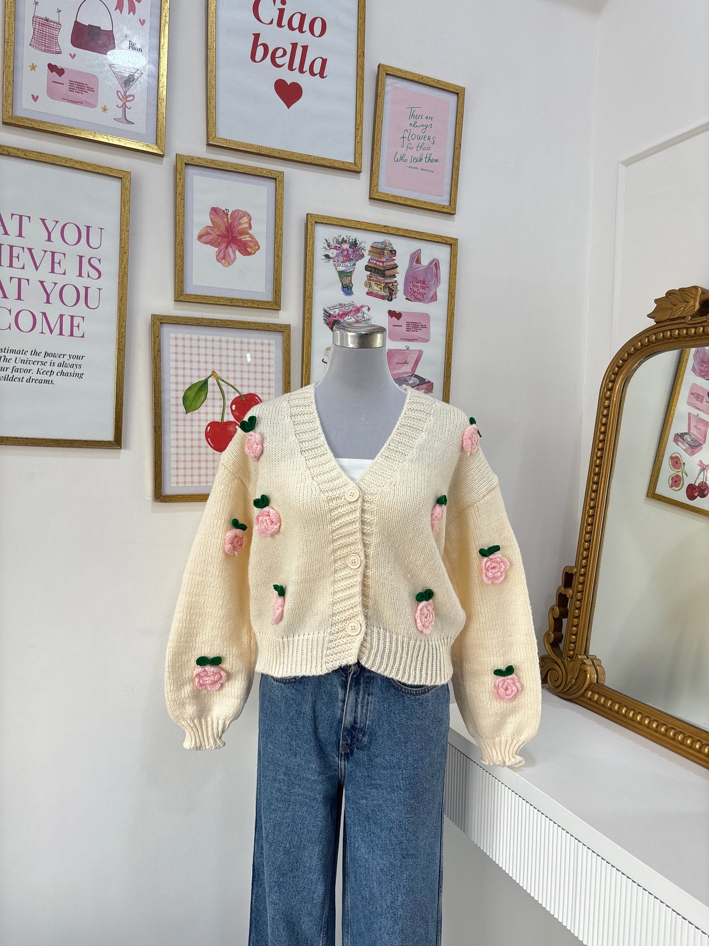 Rose Applique Cardigan in Pink Rose (Free Size)