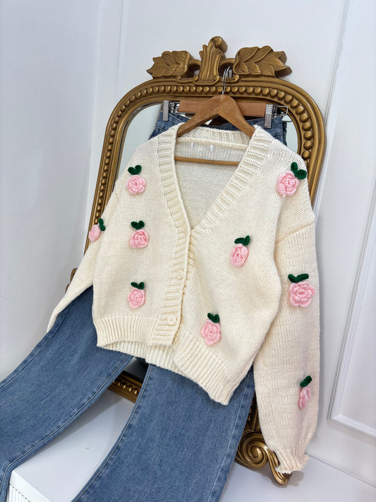 Rose Applique Cardigan in Pink Rose (Free Size)