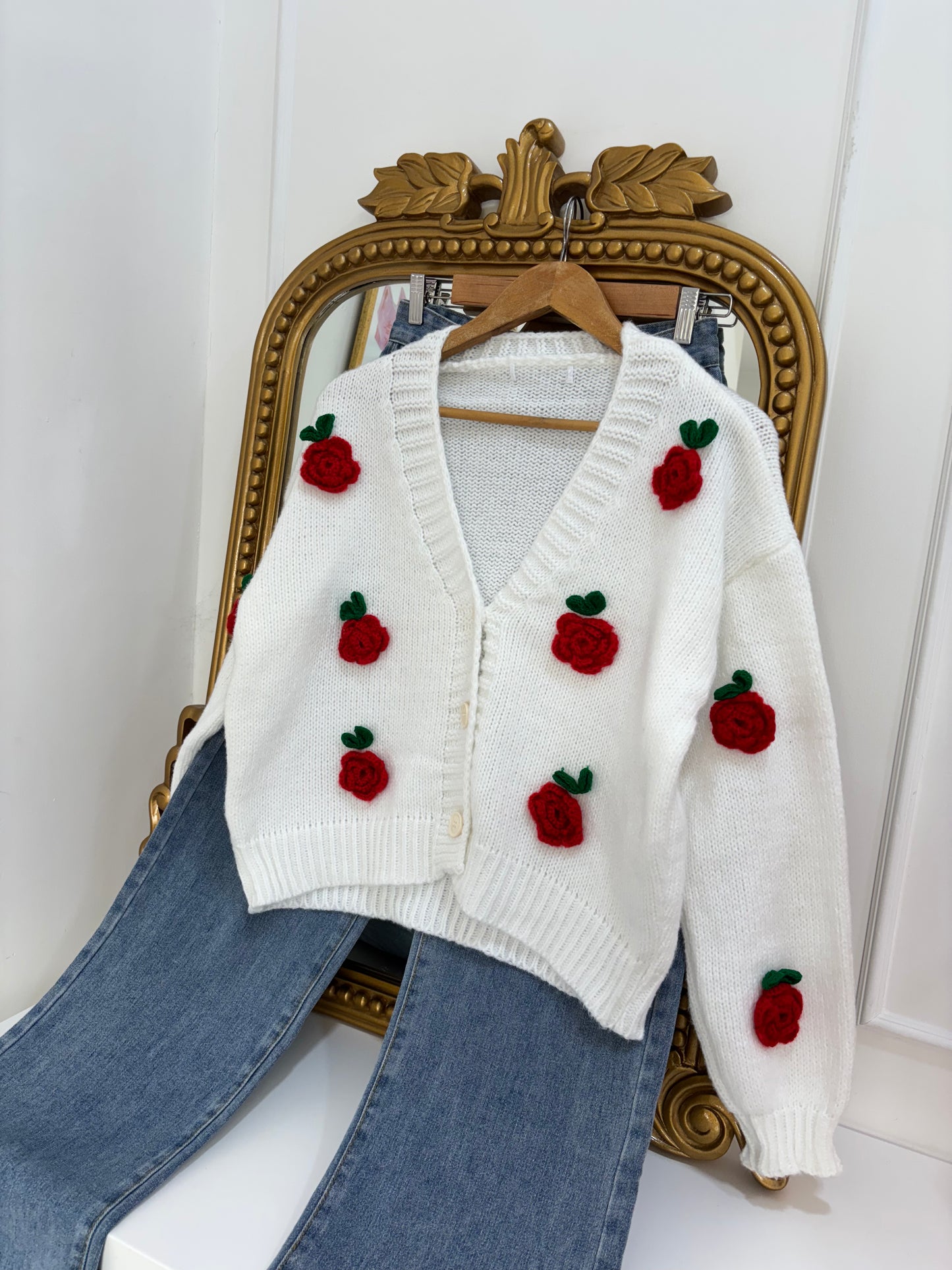 Rose Applique Cardigan in Red Rose (Free Size)