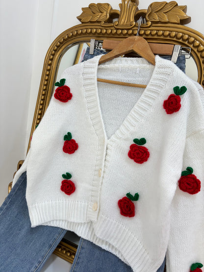 Rose Applique Cardigan in Red Rose (Free Size)