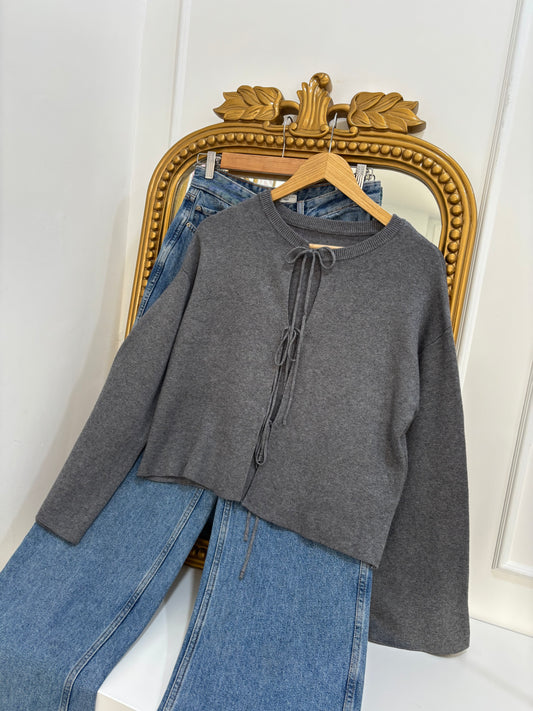 Vivi Tie-Up Cardigan in Grey (S-XL)