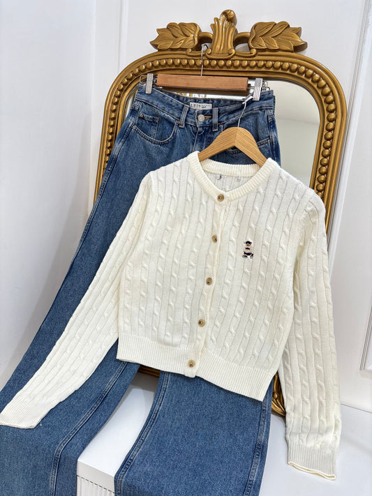 Teddy Embroidered Cardigan in White (S-L)