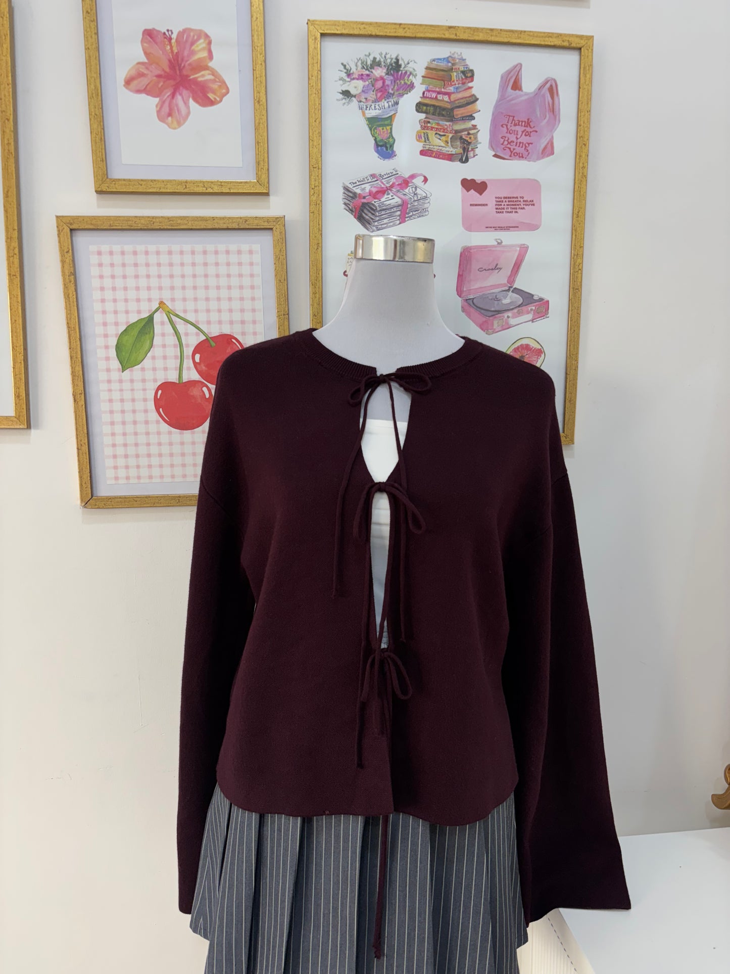 Vivi Tie-Up Cardigan in Wine (XS-2XL)