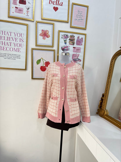 Stella Tweed Style Cardigan in Pink (Free Size)