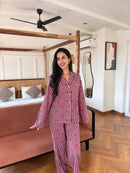 Amour Night Suit Set in Burgundy Hearts