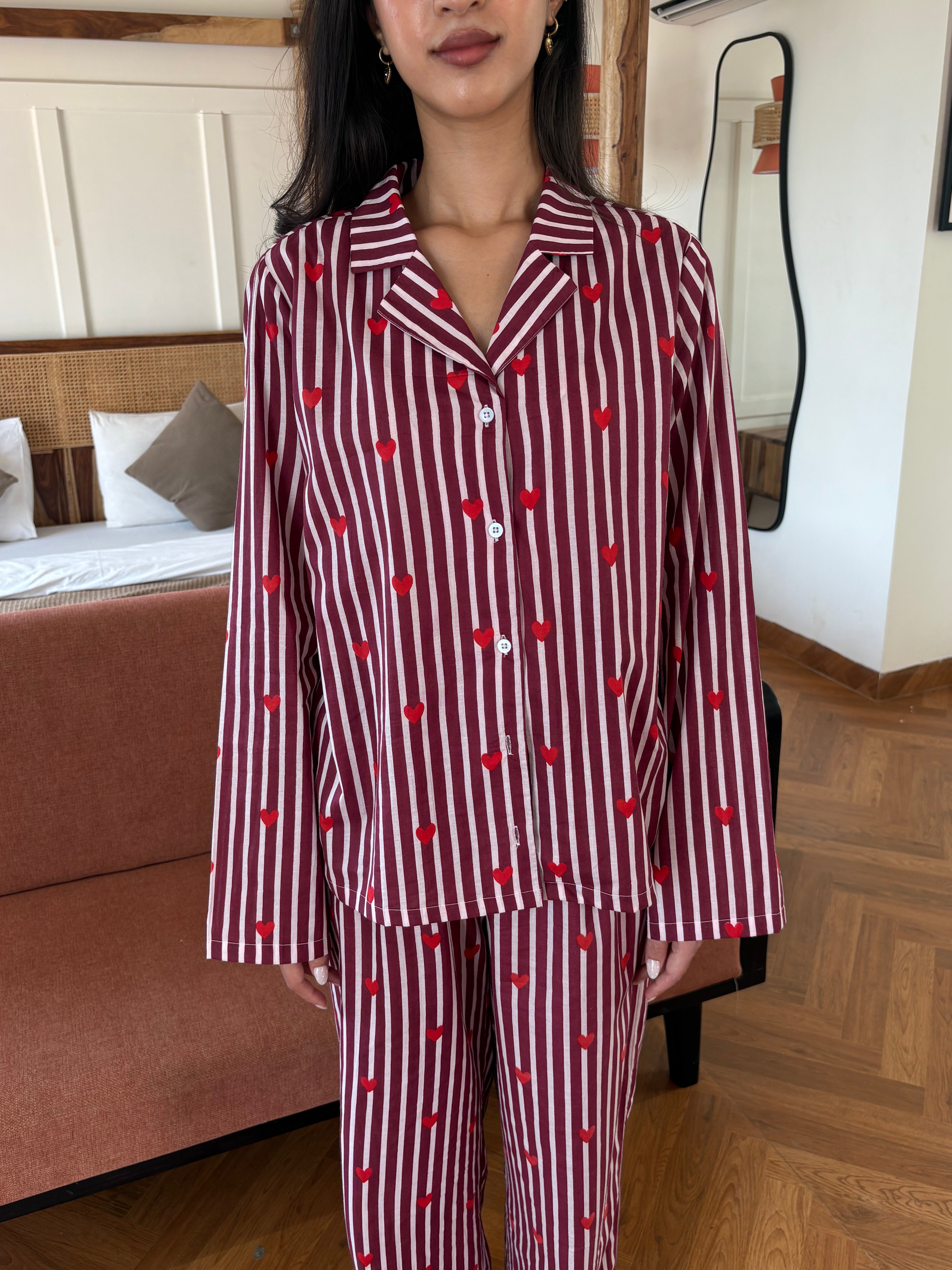 Amour Night Suit Set in Burgundy Hearts