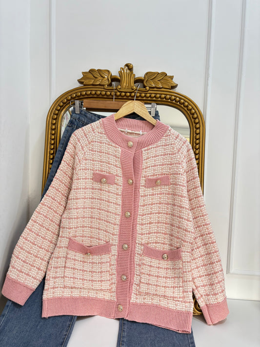 Stella Tweed Style Cardigan in Pink (Free Size)