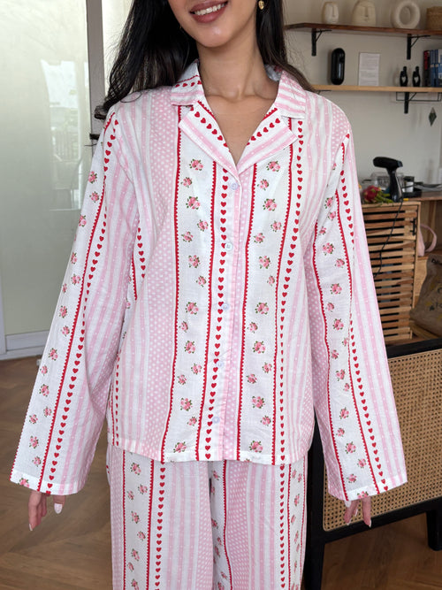 Amour Night Suit Set in Pink Hearts