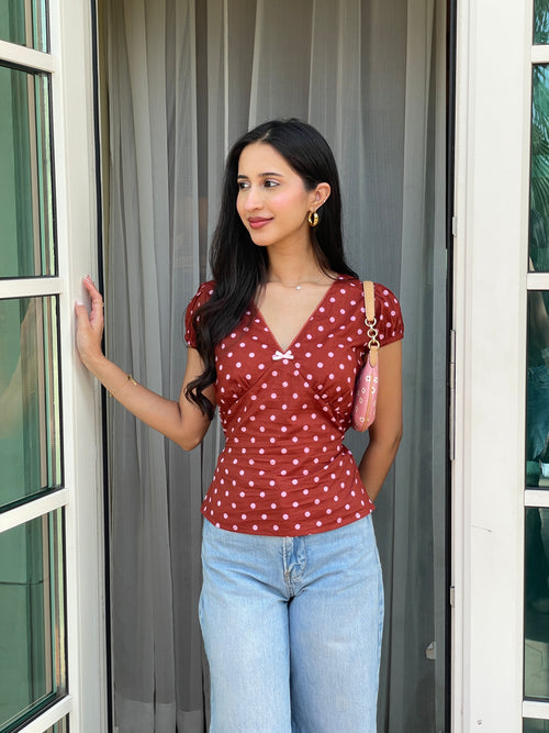 Honey Top in Brown Polka Dot