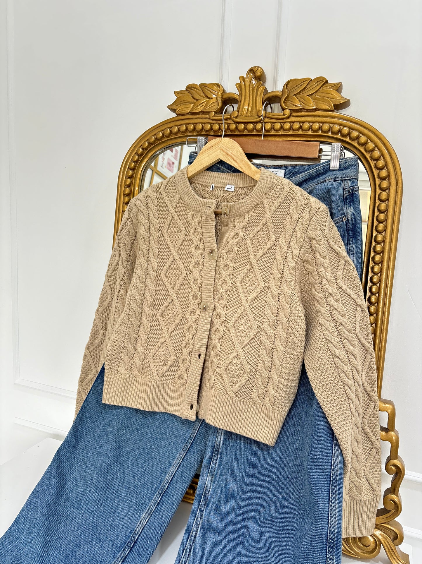 Emily Cable Knit Cardigan in Beige (S-M)