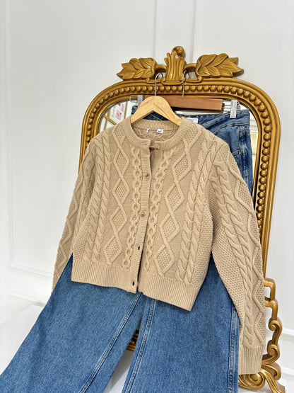 Emily Cable Knit Cardigan in Beige (S-M)