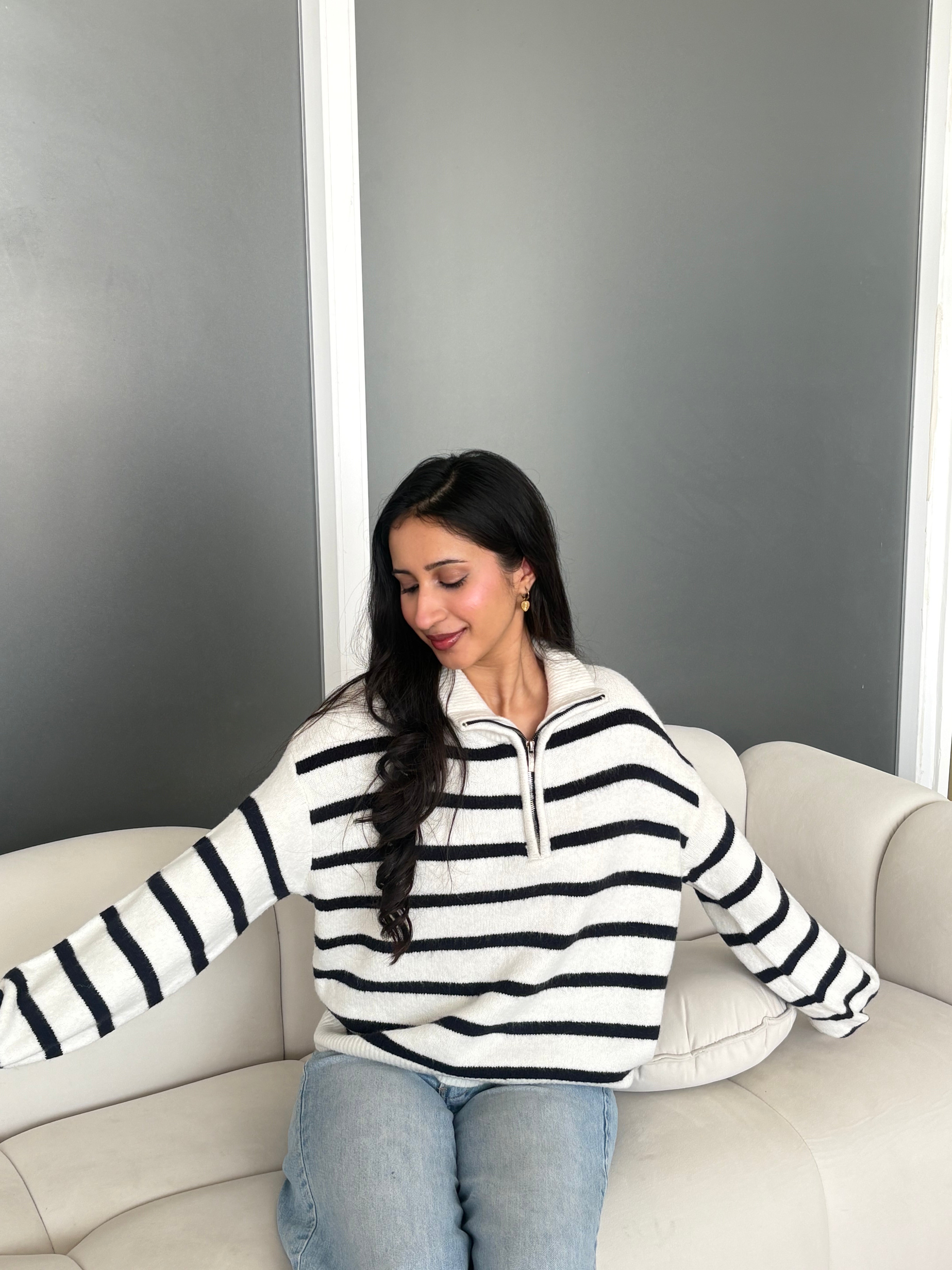 Collared Stripped Zipper Knit
