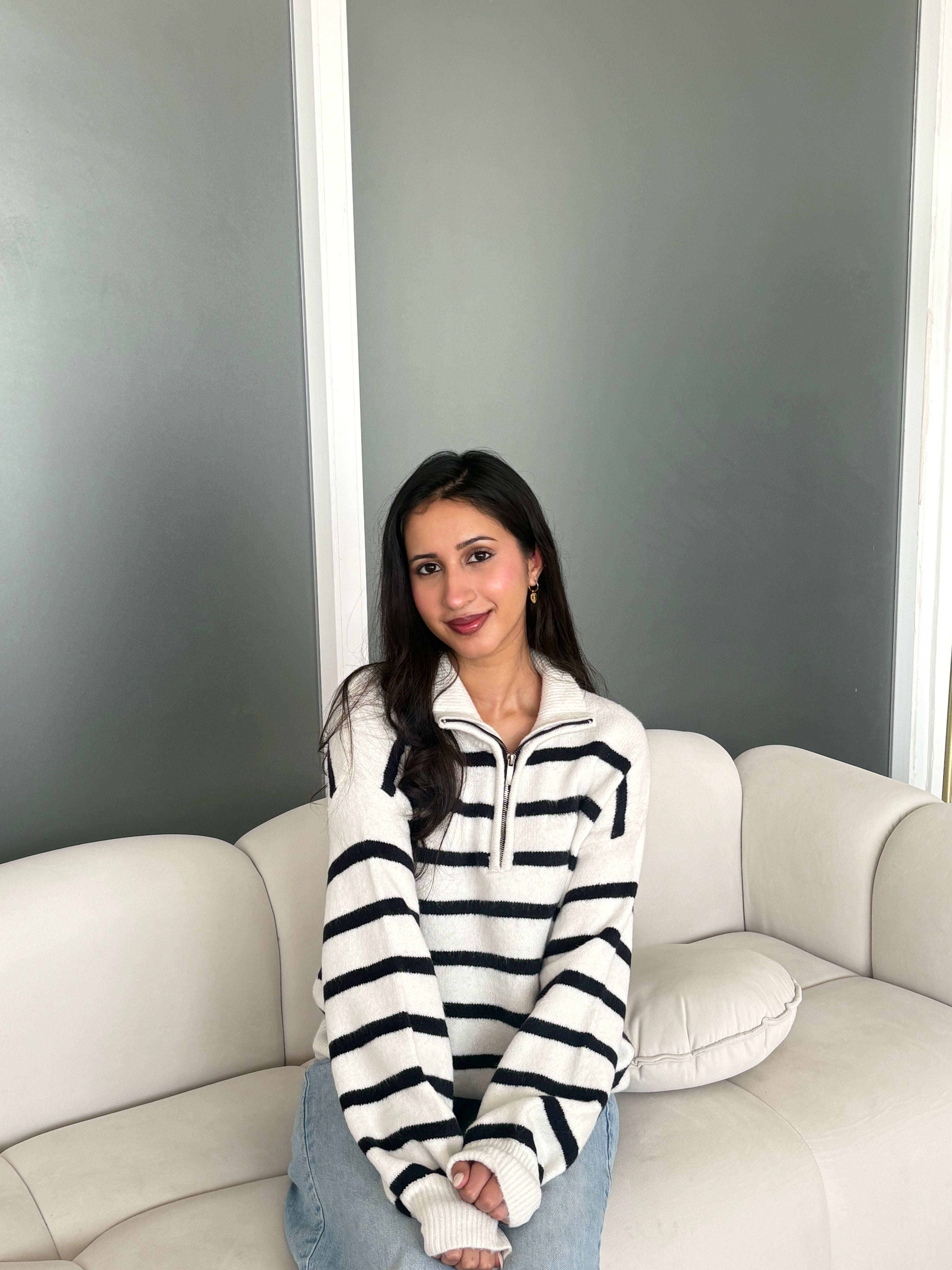 Collared Stripped Zipper Knit